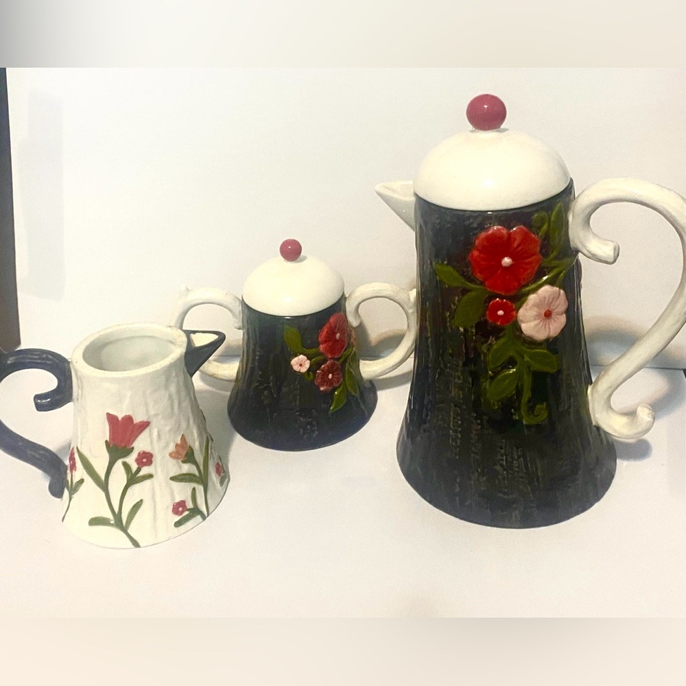 Black And White Vintage Tea Pot, Cream And Sugar Set With Red And Yellow Flowers